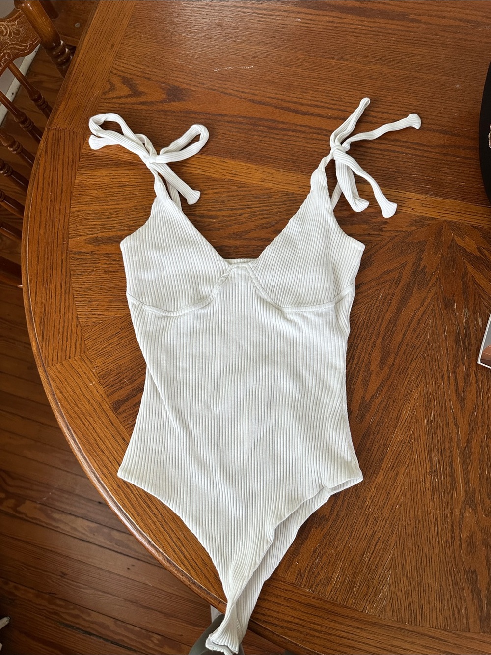 Princess Polly Cream Ribbed Tie-Shoulder Bodysuit